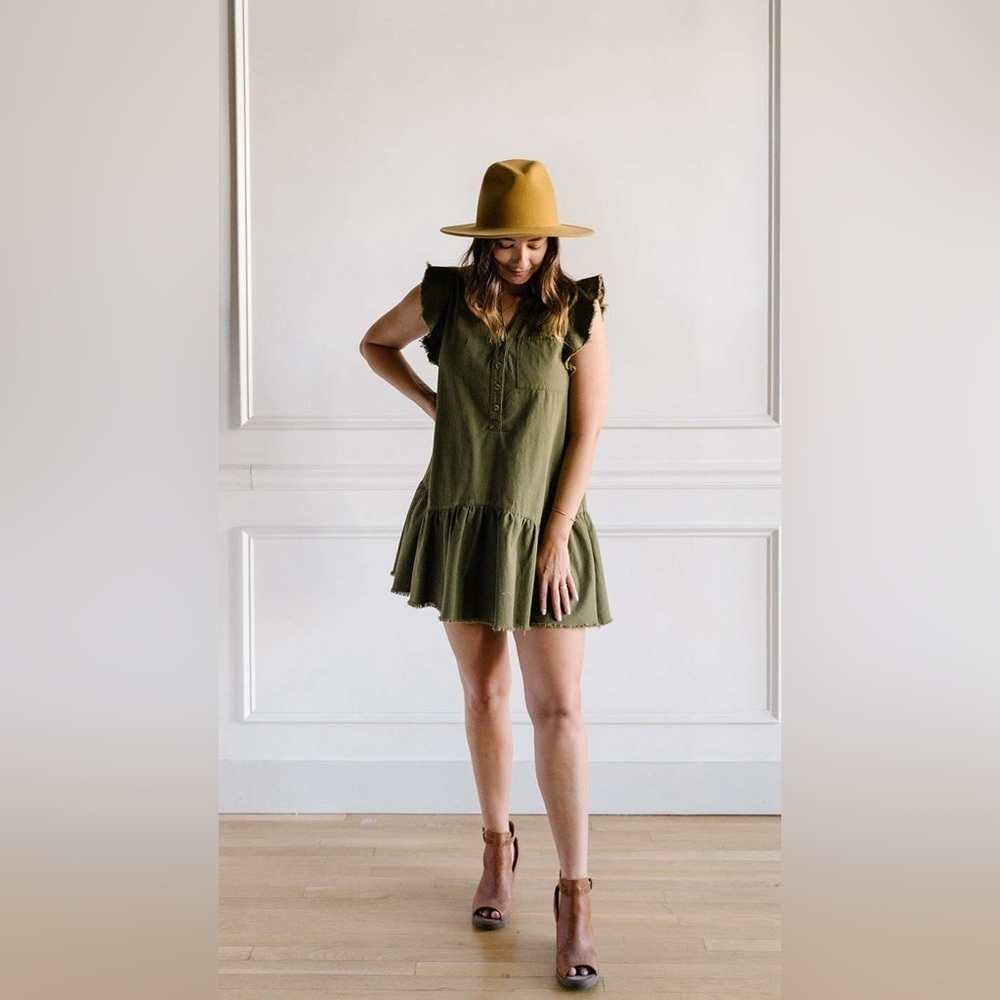 Miou Muse Ruffle Swing Dress Olive Green Size Large